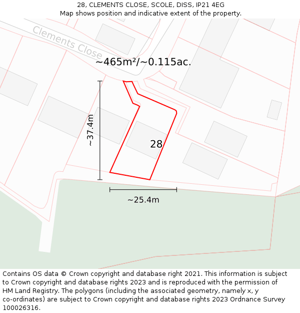 28, CLEMENTS CLOSE, SCOLE, DISS, IP21 4EG: Plot and title map