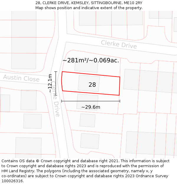 28, CLERKE DRIVE, KEMSLEY, SITTINGBOURNE, ME10 2RY: Plot and title map