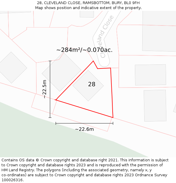28, CLEVELAND CLOSE, RAMSBOTTOM, BURY, BL0 9FH: Plot and title map