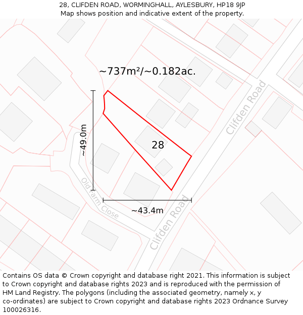 28, CLIFDEN ROAD, WORMINGHALL, AYLESBURY, HP18 9JP: Plot and title map