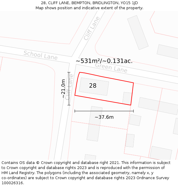 28, CLIFF LANE, BEMPTON, BRIDLINGTON, YO15 1JD: Plot and title map