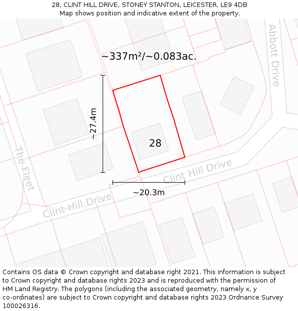 28, CLINT HILL DRIVE, STONEY STANTON, LEICESTER, LE9 4DB: Plot and title map