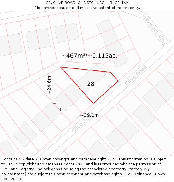 28, CLIVE ROAD, CHRISTCHURCH, BH23 4NY: Plot and title map