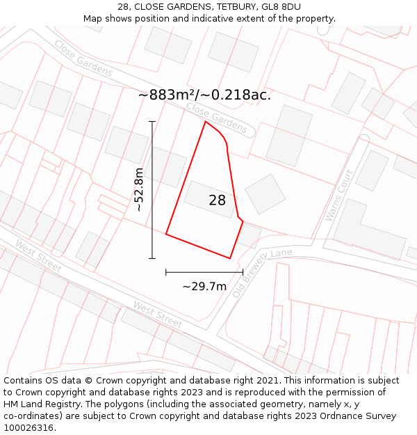 28, CLOSE GARDENS, TETBURY, GL8 8DU: Plot and title map
