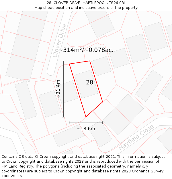 28, CLOVER DRIVE, HARTLEPOOL, TS26 0RL: Plot and title map