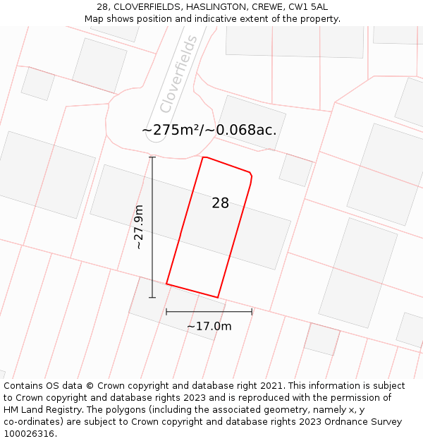 28, CLOVERFIELDS, HASLINGTON, CREWE, CW1 5AL: Plot and title map