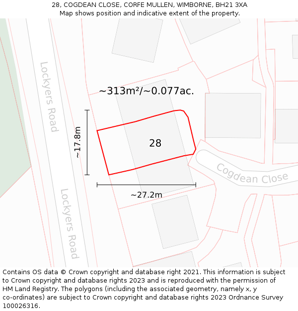 28, COGDEAN CLOSE, CORFE MULLEN, WIMBORNE, BH21 3XA: Plot and title map