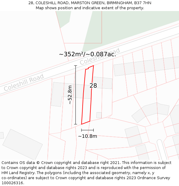 28, COLESHILL ROAD, MARSTON GREEN, BIRMINGHAM, B37 7HN: Plot and title map