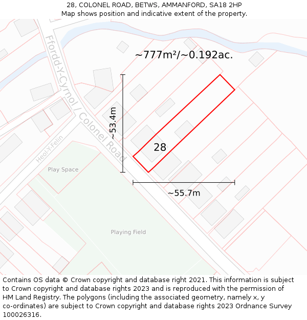 28, COLONEL ROAD, BETWS, AMMANFORD, SA18 2HP: Plot and title map