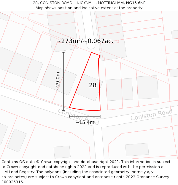 28, CONISTON ROAD, HUCKNALL, NOTTINGHAM, NG15 6NE: Plot and title map