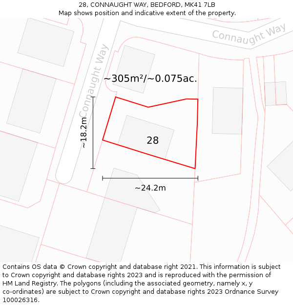 28, CONNAUGHT WAY, BEDFORD, MK41 7LB: Plot and title map