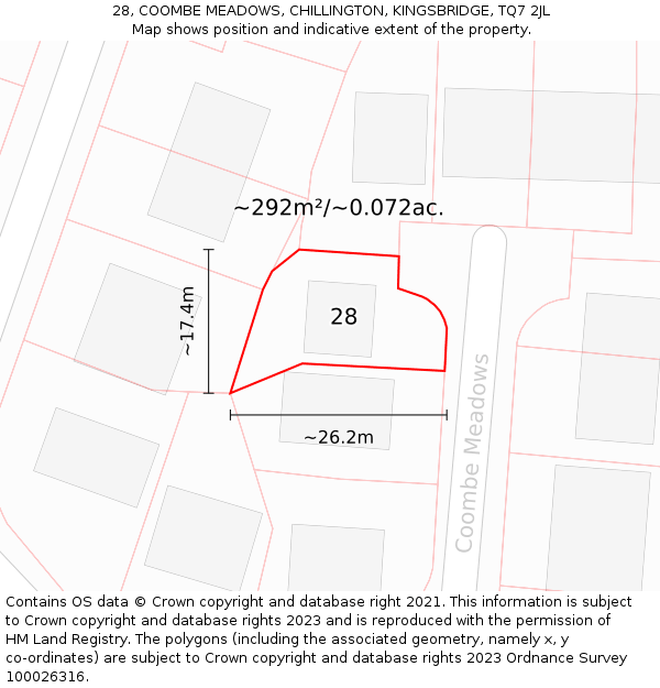 28, COOMBE MEADOWS, CHILLINGTON, KINGSBRIDGE, TQ7 2JL: Plot and title map