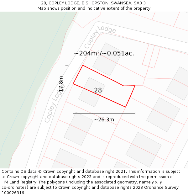 28, COPLEY LODGE, BISHOPSTON, SWANSEA, SA3 3JJ: Plot and title map