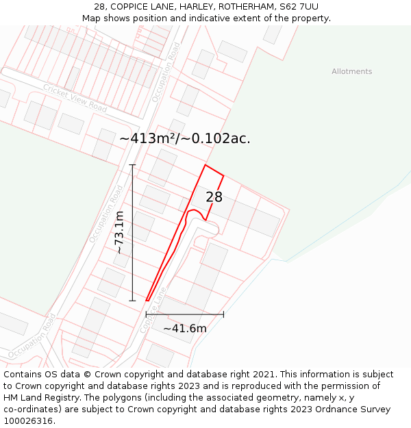 28, COPPICE LANE, HARLEY, ROTHERHAM, S62 7UU: Plot and title map