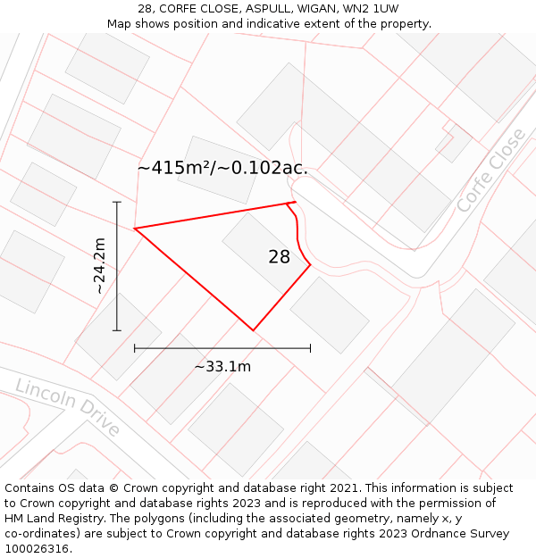 28, CORFE CLOSE, ASPULL, WIGAN, WN2 1UW: Plot and title map