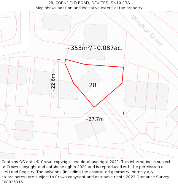 28, CORNFIELD ROAD, DEVIZES, SN10 3BA: Plot and title map