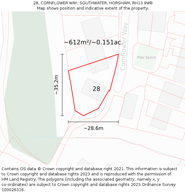 28, CORNFLOWER WAY, SOUTHWATER, HORSHAM, RH13 9WB: Plot and title map