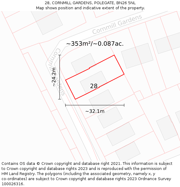 28, CORNMILL GARDENS, POLEGATE, BN26 5NL: Plot and title map
