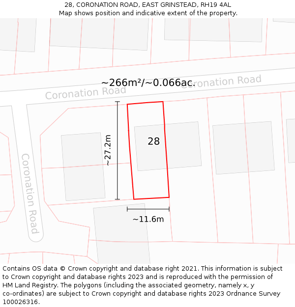 28, CORONATION ROAD, EAST GRINSTEAD, RH19 4AL: Plot and title map