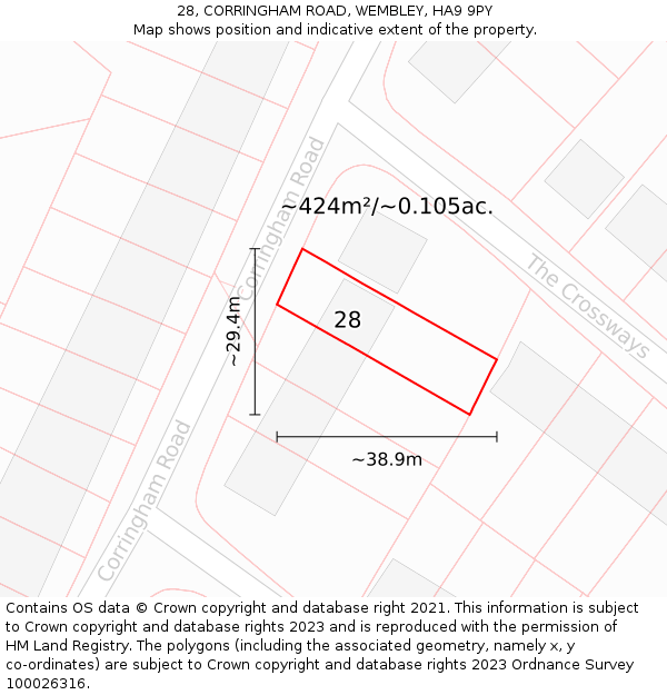 28, CORRINGHAM ROAD, WEMBLEY, HA9 9PY: Plot and title map