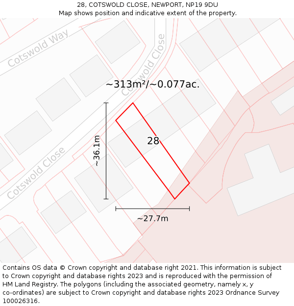 28, COTSWOLD CLOSE, NEWPORT, NP19 9DU: Plot and title map