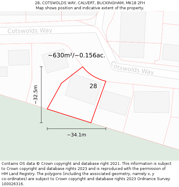 28, COTSWOLDS WAY, CALVERT, BUCKINGHAM, MK18 2FH: Plot and title map