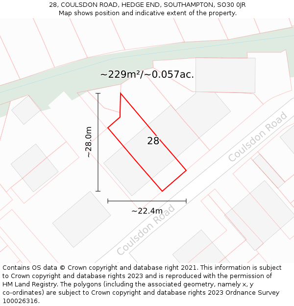 28, COULSDON ROAD, HEDGE END, SOUTHAMPTON, SO30 0JR: Plot and title map