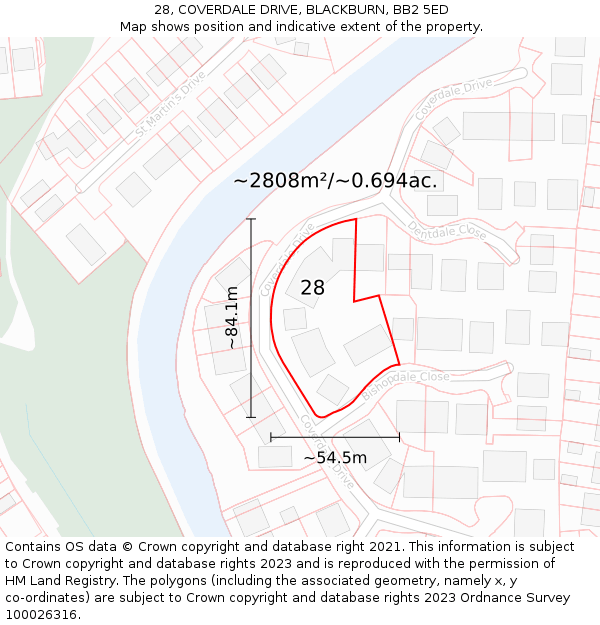 28, COVERDALE DRIVE, BLACKBURN, BB2 5ED: Plot and title map
