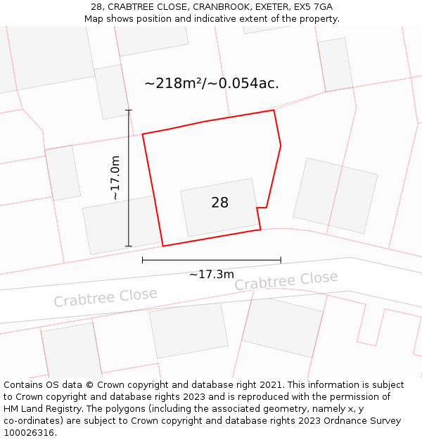 28, CRABTREE CLOSE, CRANBROOK, EXETER, EX5 7GA: Plot and title map