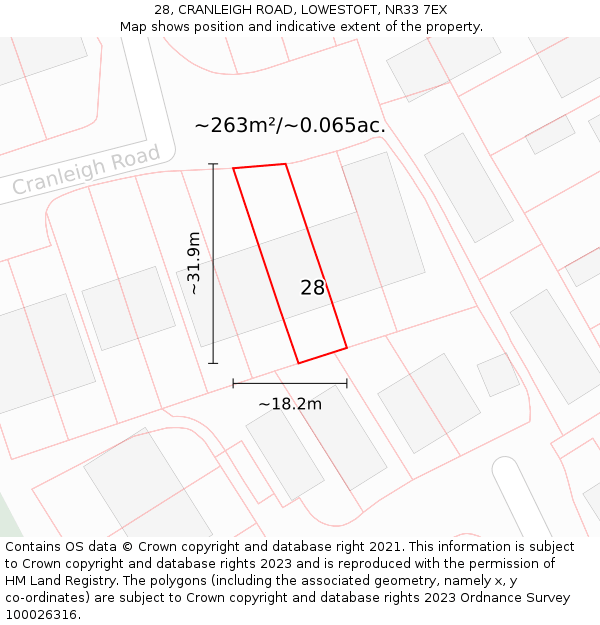 28, CRANLEIGH ROAD, LOWESTOFT, NR33 7EX: Plot and title map