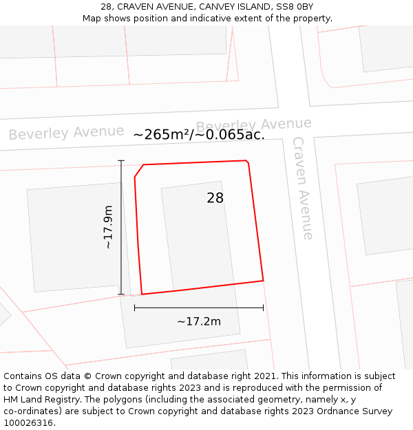28, CRAVEN AVENUE, CANVEY ISLAND, SS8 0BY: Plot and title map