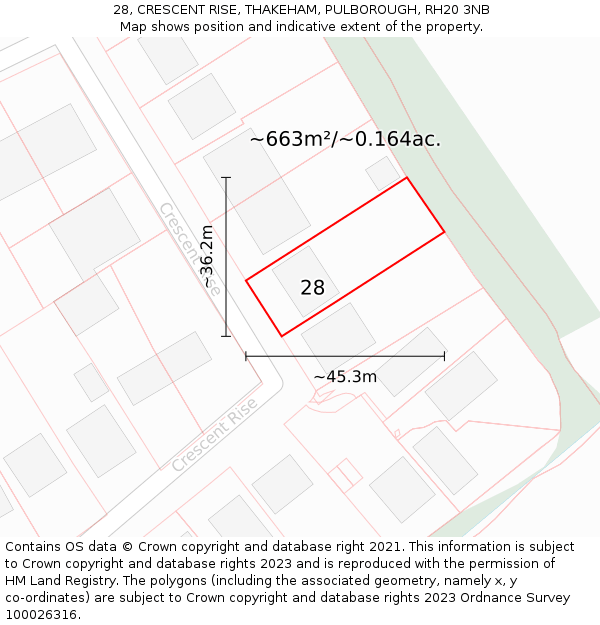 28, CRESCENT RISE, THAKEHAM, PULBOROUGH, RH20 3NB: Plot and title map