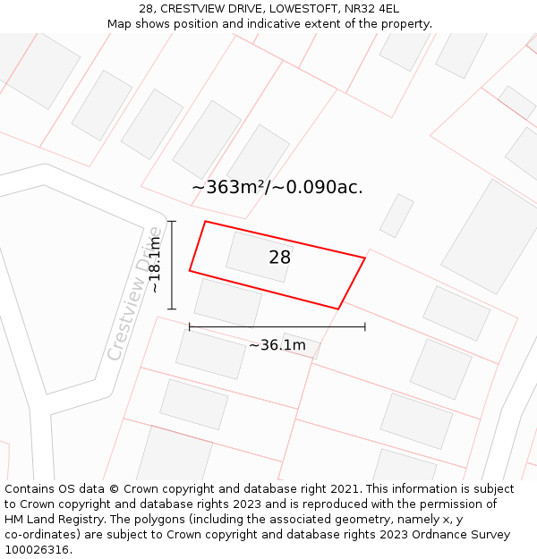 28, CRESTVIEW DRIVE, LOWESTOFT, NR32 4EL: Plot and title map