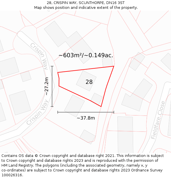 28, CRISPIN WAY, SCUNTHORPE, DN16 3ST: Plot and title map
