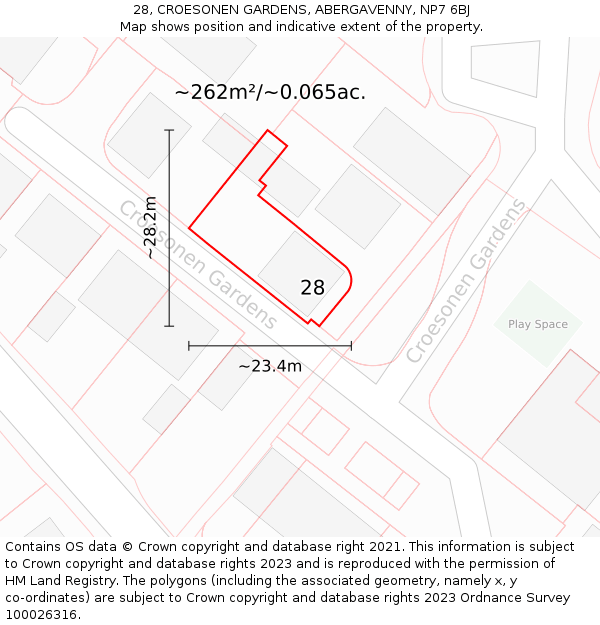 28, CROESONEN GARDENS, ABERGAVENNY, NP7 6BJ: Plot and title map