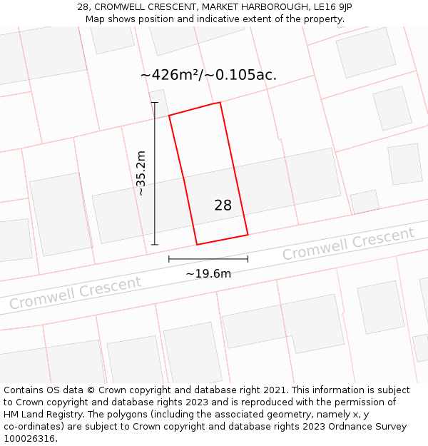 28, CROMWELL CRESCENT, MARKET HARBOROUGH, LE16 9JP: Plot and title map