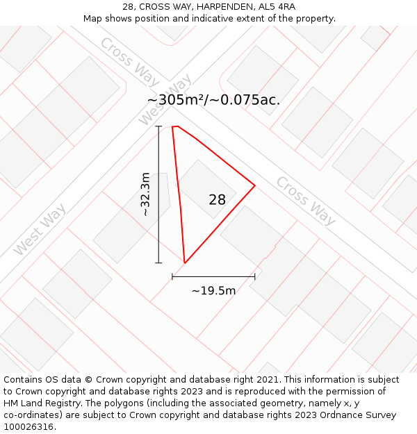 28, CROSS WAY, HARPENDEN, AL5 4RA: Plot and title map