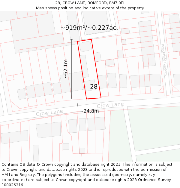 28, CROW LANE, ROMFORD, RM7 0EL: Plot and title map
