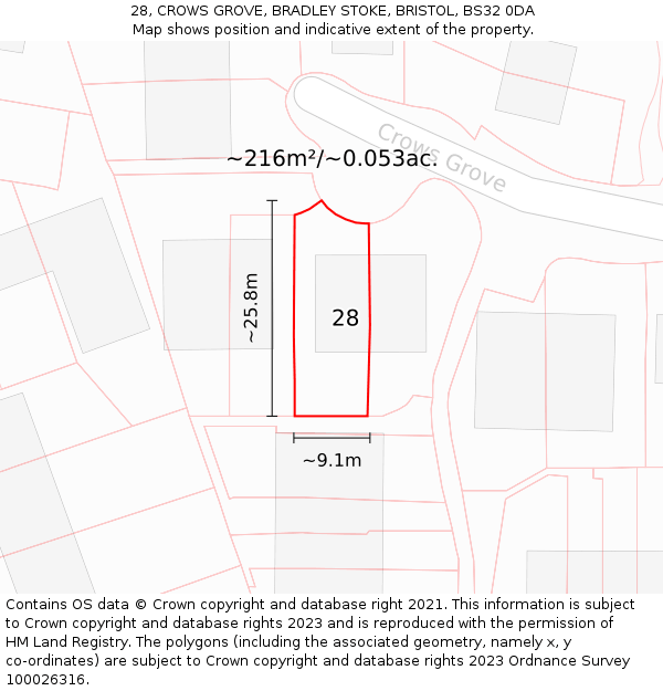 28, CROWS GROVE, BRADLEY STOKE, BRISTOL, BS32 0DA: Plot and title map