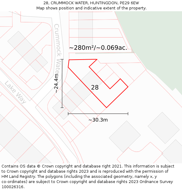 28, CRUMMOCK WATER, HUNTINGDON, PE29 6EW: Plot and title map