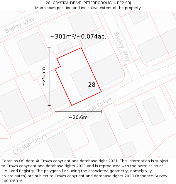 28, CRYSTAL DRIVE, PETERBOROUGH, PE2 9RJ: Plot and title map
