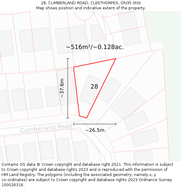 28, CUMBERLAND ROAD, CLEETHORPES, DN35 0NS: Plot and title map
