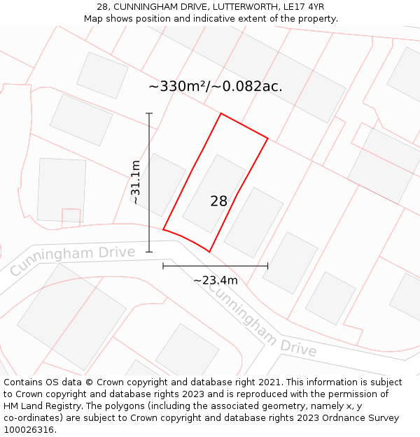 28, CUNNINGHAM DRIVE, LUTTERWORTH, LE17 4YR: Plot and title map