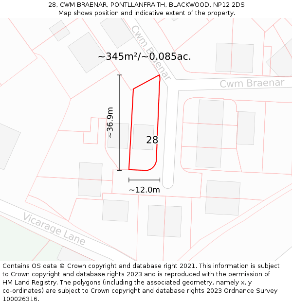 28, CWM BRAENAR, PONTLLANFRAITH, BLACKWOOD, NP12 2DS: Plot and title map