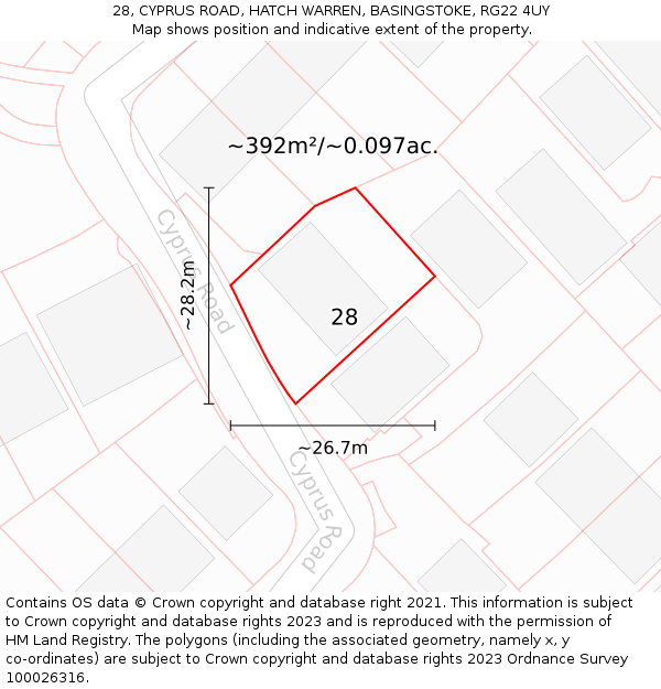 28, CYPRUS ROAD, HATCH WARREN, BASINGSTOKE, RG22 4UY: Plot and title map