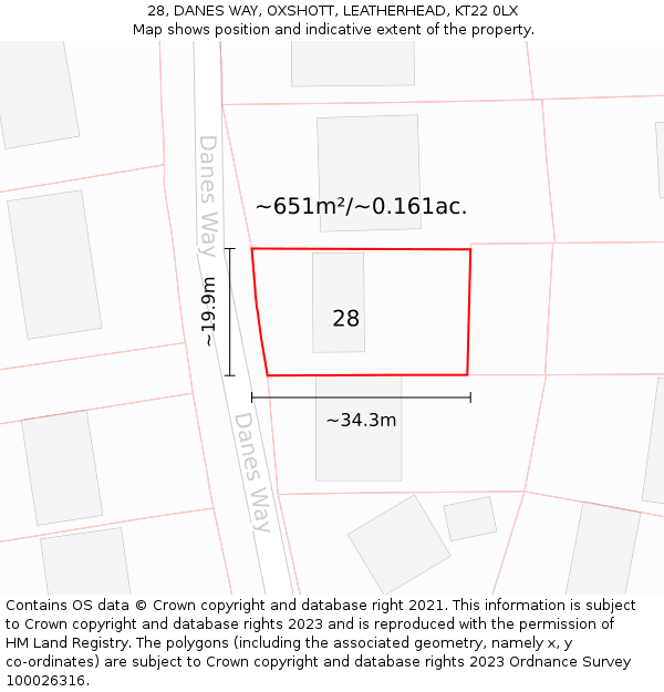 28, DANES WAY, OXSHOTT, LEATHERHEAD, KT22 0LX: Plot and title map