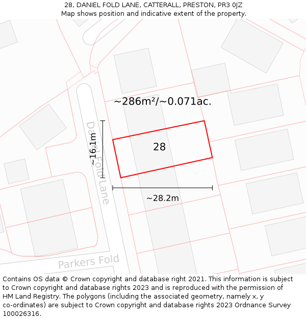 28, DANIEL FOLD LANE, CATTERALL, PRESTON, PR3 0JZ: Plot and title map