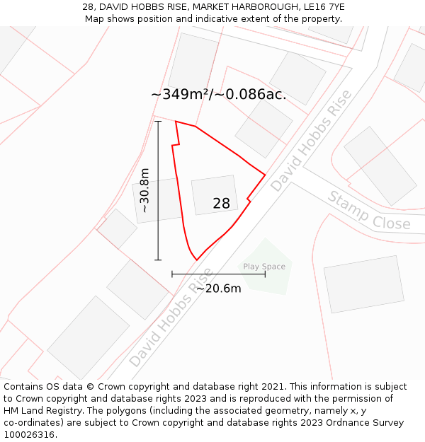28, DAVID HOBBS RISE, MARKET HARBOROUGH, LE16 7YE: Plot and title map