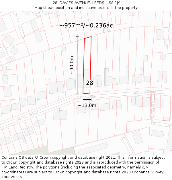 28, DAVIES AVENUE, LEEDS, LS8 1JY: Plot and title map