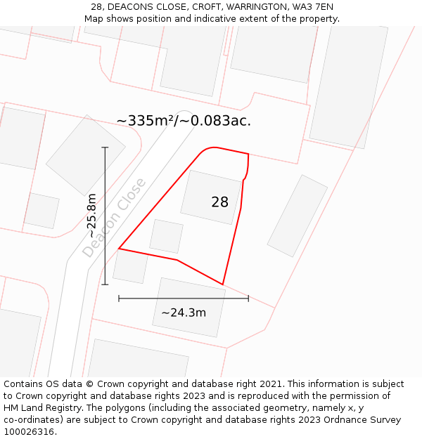28, DEACONS CLOSE, CROFT, WARRINGTON, WA3 7EN: Plot and title map